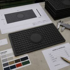 Client reviewing and approving mat sample before mass production