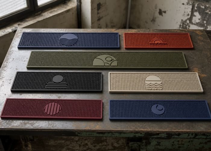 Complete Guide to Ordering Custom Bar Mats A collection of vibrant custom bar mats with different brand logos.