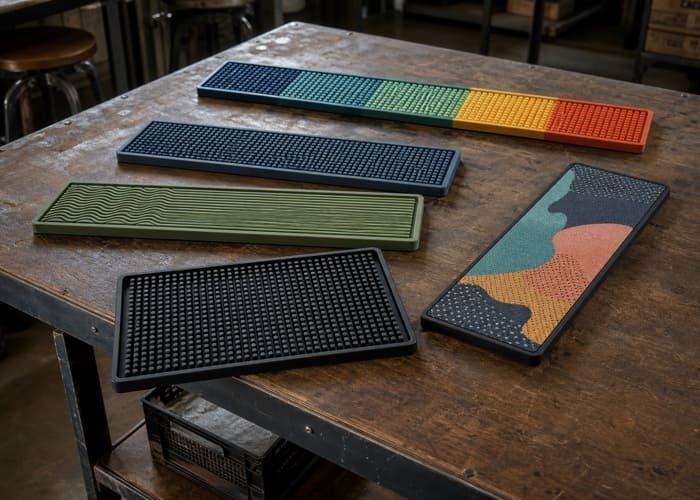 A collection of custom bar mat samples with various brand logos