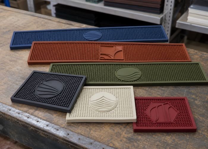 Custom Bar Mats from a Reliable Factory A collection of colorful custom PVC and rubber bar mats displayed by a bar mat factory.
