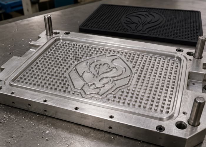 A detailed close-up of a custom PVC bar mat mold with intricate logo details being prepared for production.