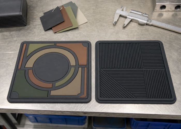 A split image comparing a colorful PVC bar mat on the left and a sleek black silicone bar mat on the right, showcasing the PVC vs Silicone Bar Mats difference.