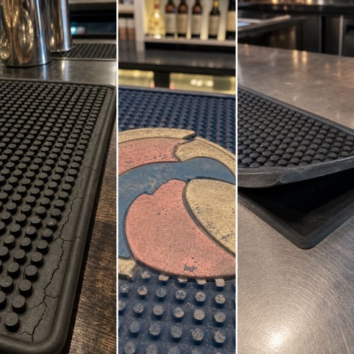 A collage showing common bar mat problems like a cracked surface, a faded logo, and a warped edge