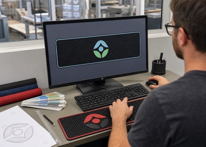 Designing Your Custom Bar Mats A designer on a computer screen working on a vector logo for a custom bar mat.