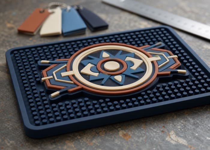 A close-up shot of a vibrant, multi-colored and highly detailed 3D logo on a custom PVC bar mat.