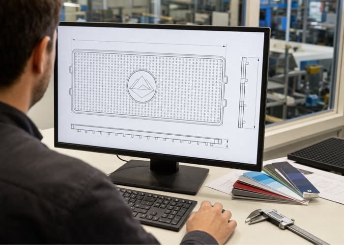 A designer on a computer screen working on a 2D design sketch of a custom PVC bar mat, showing logo placement and dimensions.