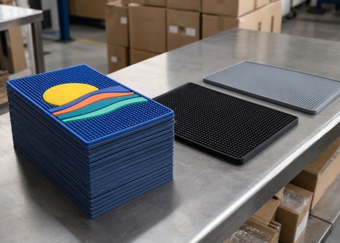 An illustration comparing the cost breakdown of PVC, rubber, and silicone bar mats.