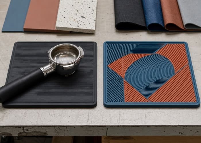 A side-by-side comparison of a black silicone custom bar mat and a vibrant PVC custom bar mat.
