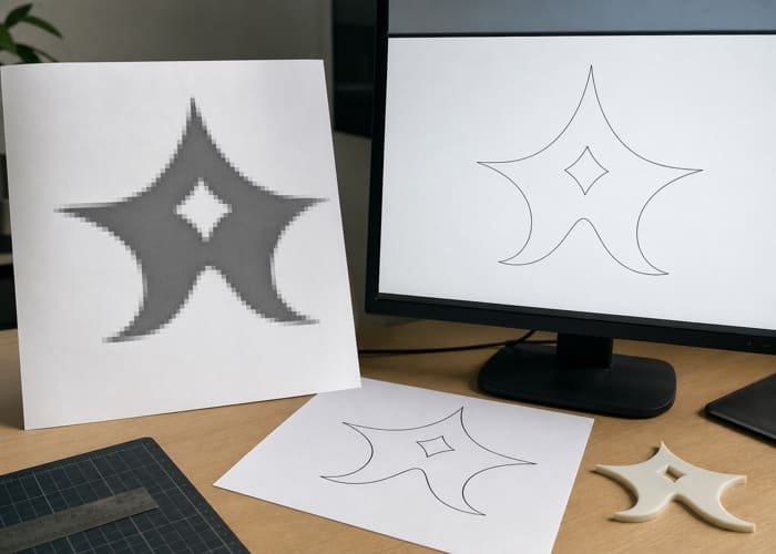 A graphic showing the difference between a pixelated raster logo and a clean vector logo for a custom bar mat sample