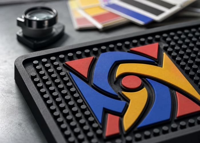 3D Logo on Custom PVC Bar Mat A close-up shot of a 3D embossed logo on a PVC bar mat, showing sharp edges and vibrant colors.