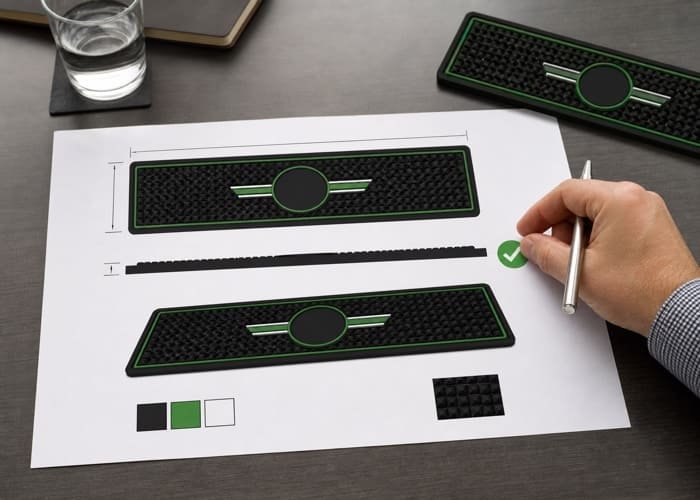 An email or document showing a final artwork proof for a bar mat with a large "APPROVED" stamp over it.