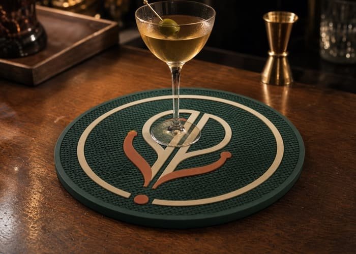 A stylish round bar mat with a custom brand logo serving as a centerpiece