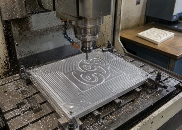 Mold and Sampling Process for Custom Bar Mats A close-up shot of a CNC machine carving a steel mold for a custom bar mat.
