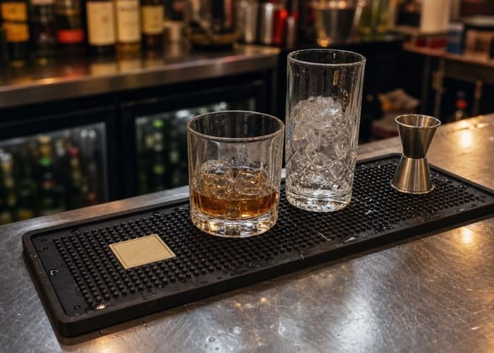 A classic black rubber bar mat with a simple white logo on a stainless steel bar top