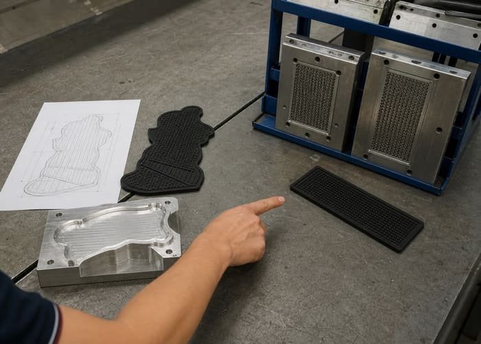 OEM vs. ODM Bar Mat Factory A design sketch for a custom OEM bar mat next to an existing ODM mold at a factory.