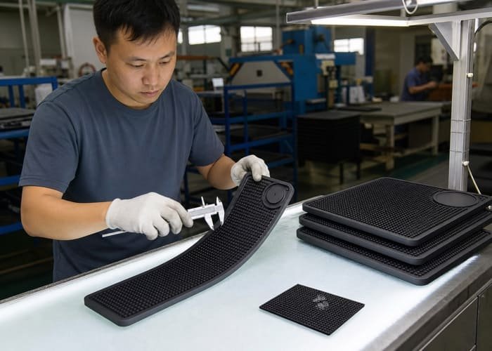 Quality Control at a Bar Mat Factory An inspector at a bar mat factory checking the quality and details of a custom silicone tool mat.