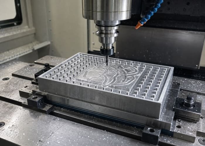 A CNC machine carving an intricate design into a metal block, which will become the PVC bar mat mold.