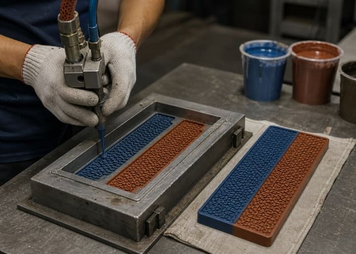 A factory worker injecting colored PVC into a custom bar mat sample mold