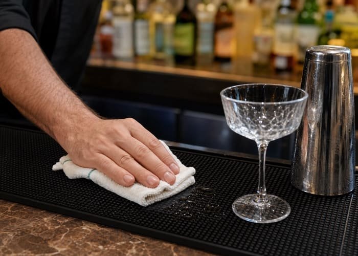 Easy-to-Clean PVC Bar Mat A bartender easily wiping a spilled drink off a black PVC bar mat with a cloth.