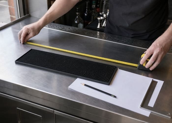 A person using a tape measure to determine the correct bar mat size on a counter