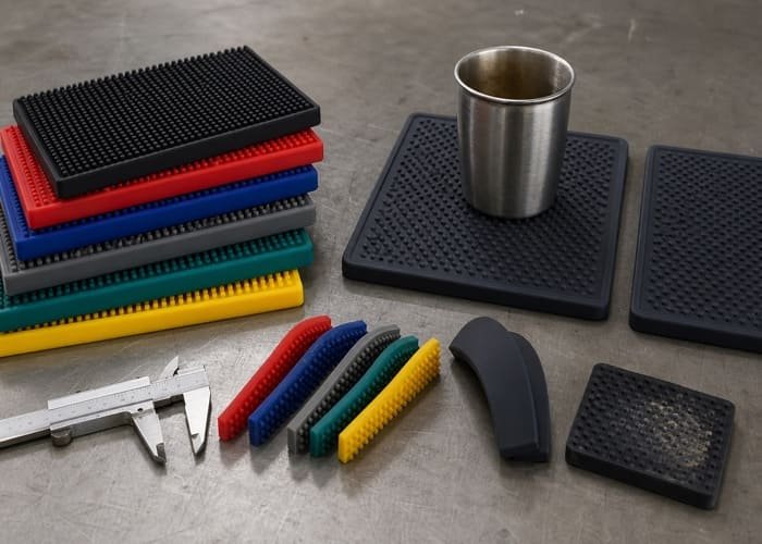 An infographic-style image showing a side-by-side comparison table of PVC vs Silicone Bar Mats with icons for cost, heat, and durability.