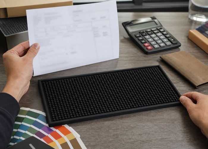 Approve Sample and Pay Deposit An invoice and a purchase order document on a desk, signifying the start of production.