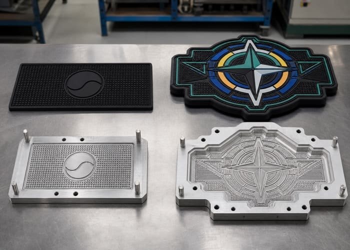 A side-by-side comparison of a simple, one-color bar mat and a complex, multi-color, custom-shaped bar mat.
