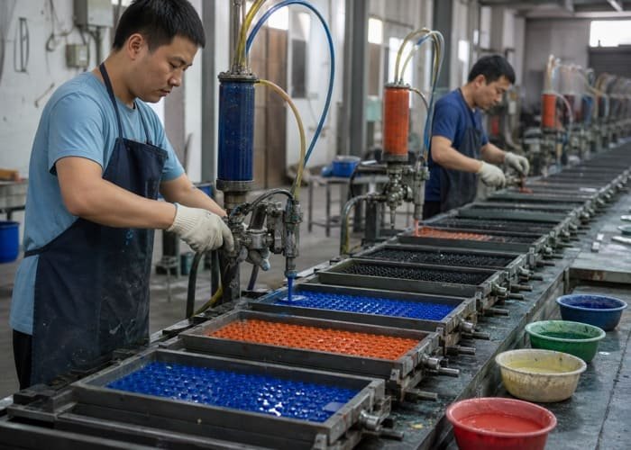 Mass Production of Custom Bar Mats Factory workers in an assembly line dispensing colored PVC into bar mat molds.