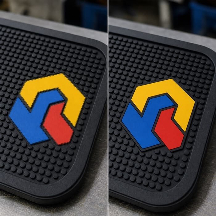 A blurry, pixelated logo on a bar mat next to a sharp, clear logo