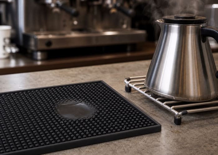 PVC Bar Mat Heat Damage Warning A warning sign showing a hot coffee pot melting a spot on a PVC bar mat.