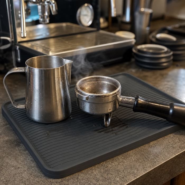 A heat-resistant silicone mat under a hot coffee portafilter, showing no signs of damage