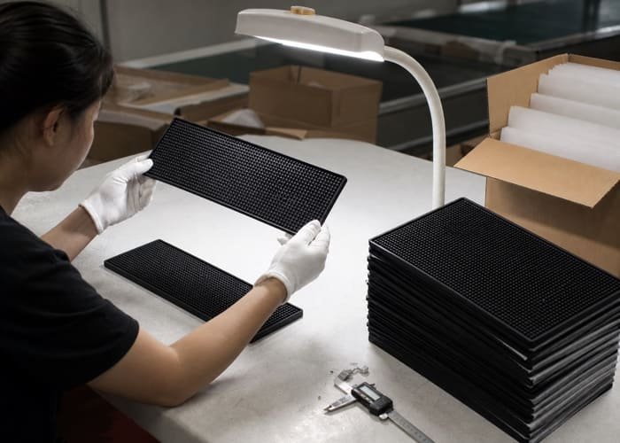 Quality Control for Custom Bar Mats An inspector wearing white gloves meticulously checking a custom bar mat for defects.