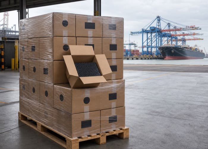 Shipping Custom Bar Mats A large container ship at a port, ready to transport goods including custom bar mats overseas.