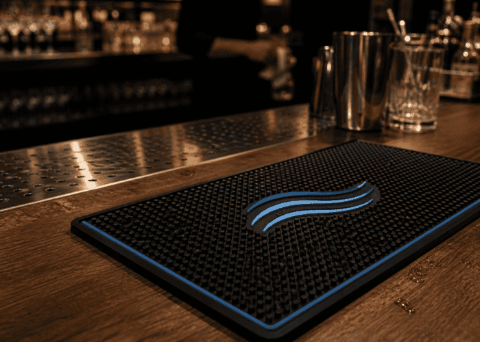 Custom Logo PVC Bar Mats A collection of custom branded PVC bar mats with 3D logos and vibrant colors.