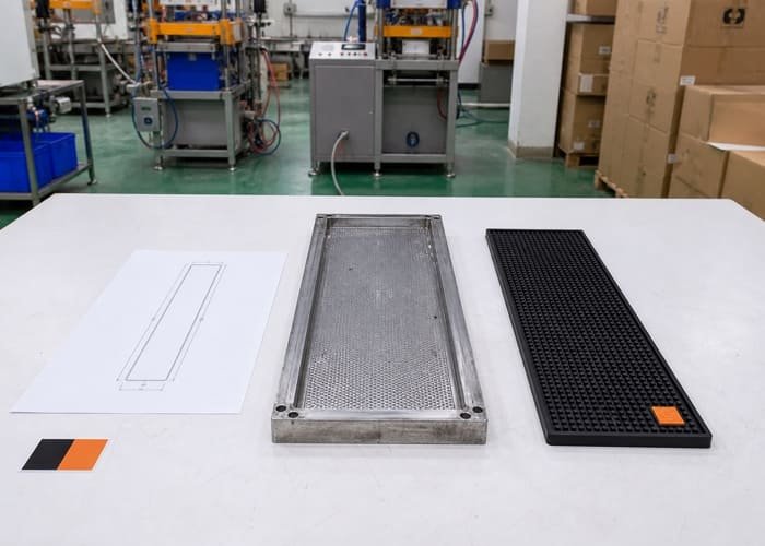 A detailed schematic of the bar mat production process from design to shipment