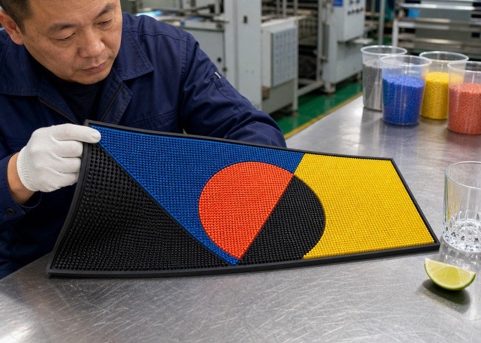 A close-up of a custom food-grade PVC bar mat displaying its texture and quality.