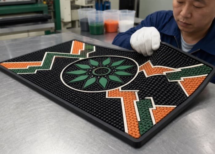 A close-up of a vibrant, custom-branded eco-friendly PVC bar mat showing crisp logo details
