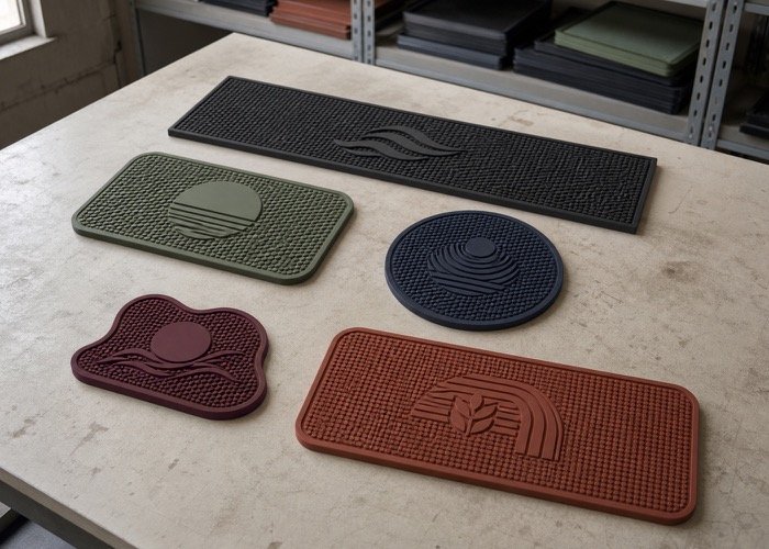 A collection of modern custom bar mats showing 3D logos, muted colors, and unique shapes.