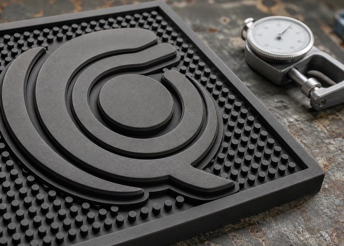Close-up of a PVC bar mat with a highly detailed 3D tactile logo.