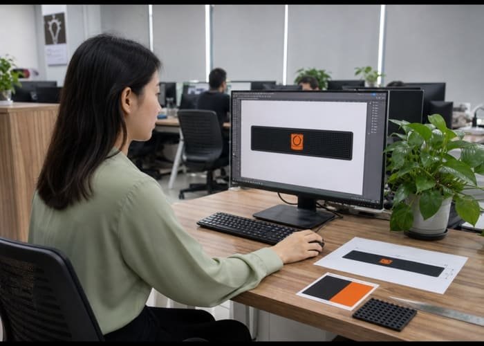 A designer reviewing a custom bar mat design on a computer for the production process.
