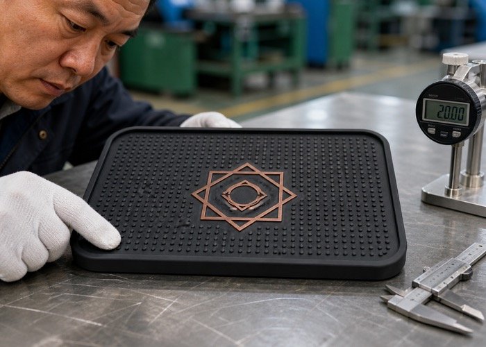 A custom bar mat design with smooth, rounded corners showcasing an embossed logo