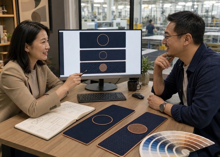 A graphic designer working on a brand style guide for a custom bar mat product on a computer screen.