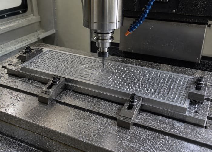 An in-house CNC machine carving an aluminum mold for a custom bar mat, showcasing a supplier's OEM capability.