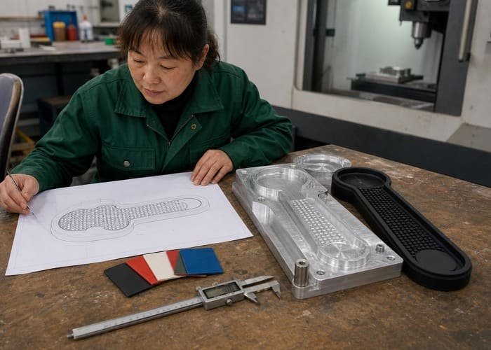A designer's technical drawing of a custom bar mat next to the finished product, demonstrating the OEM process.