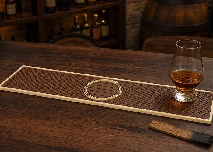 A vintage-style custom bar mat with a caramel brown base and a cream-colored logo for a bourbon brand