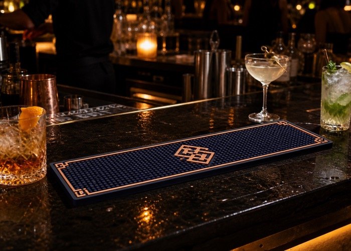 A vibrant bar scene at night with a brightly lit custom bar mat at the center of the action.