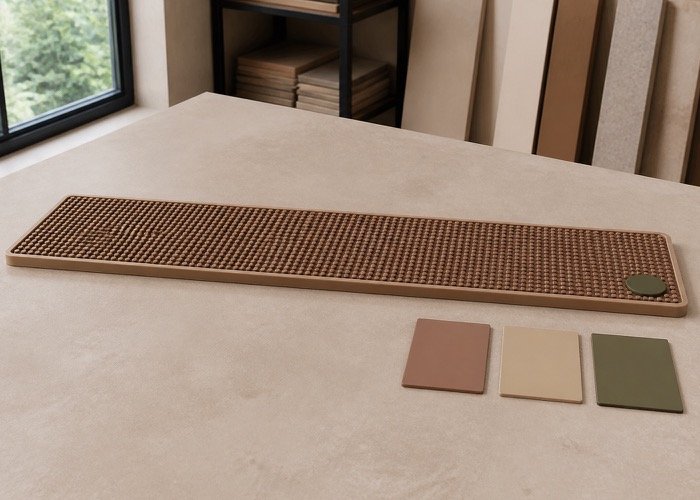 a custom bar mat in an earth-tone color with plenty of negative space