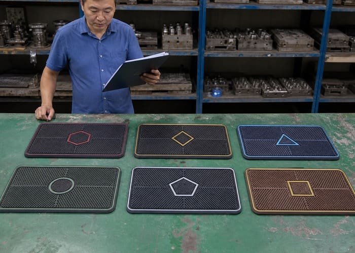 Several identical barber mats with different brand logos printed on them, illustrating the ODM concept.