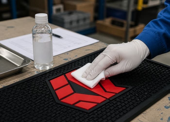A hand performing an alcohol wipe test on a custom bar mat logo to check for color fastness.