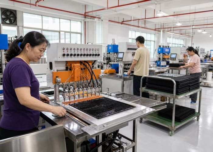 An automated PVC dispensing machine in a factory during the bar mat production process.